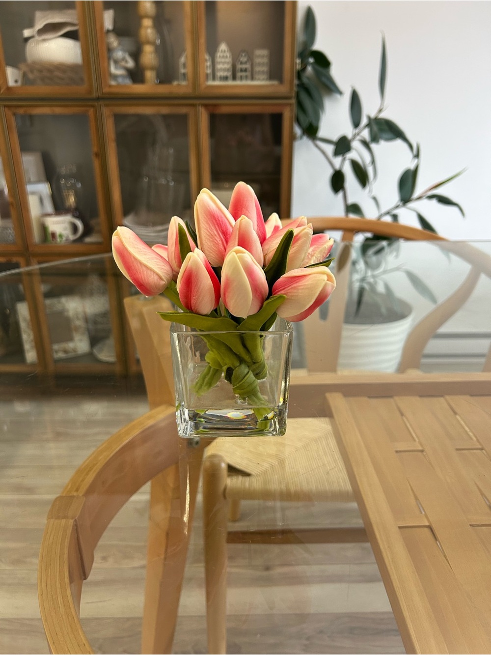 Pink Tulip Artificial Floral Arrangement in Clear Glass Vase